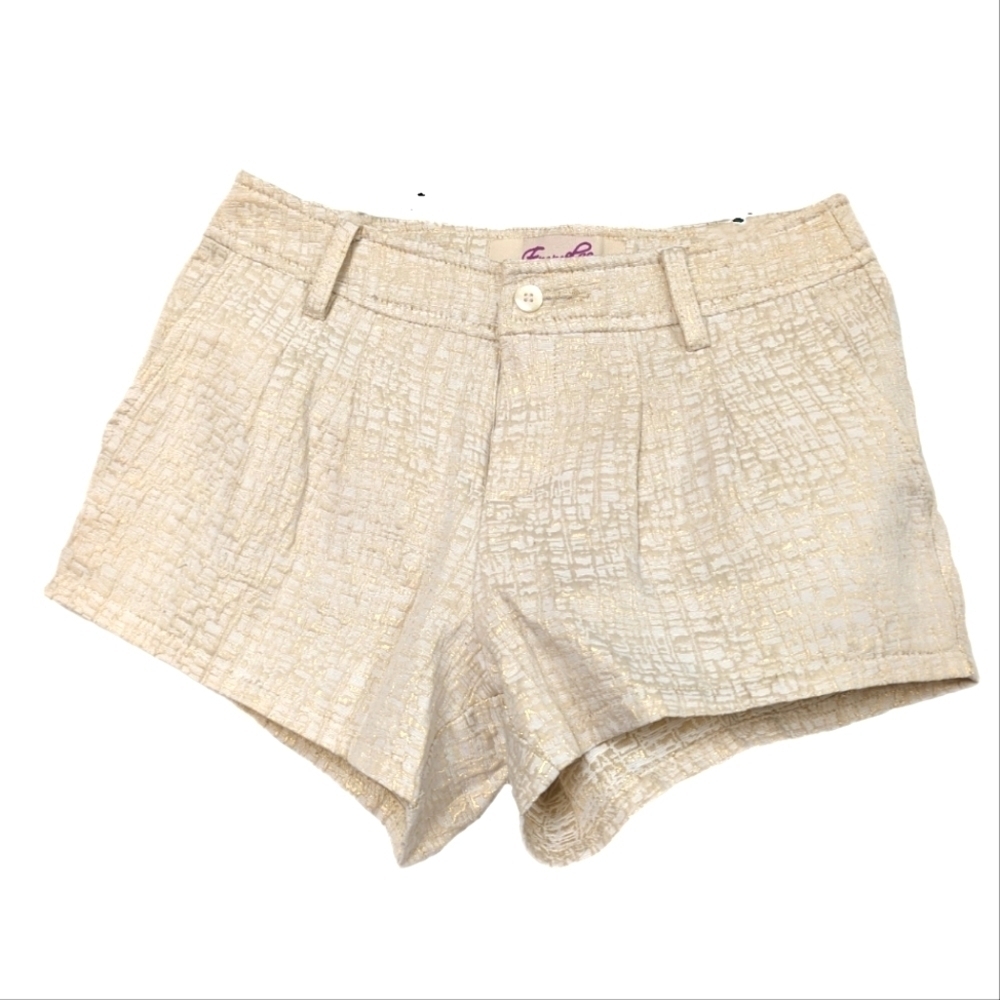 Emmelee Cream & Gold Jacquard Textured Dressy 2 Pocket Flat Pleat Shorts - sz 2